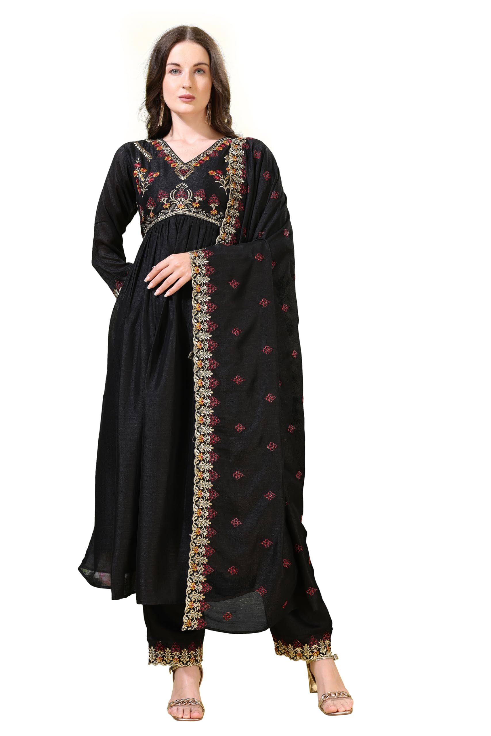 Pratham Blue WomenS Silk Embroidered Anarkali Kurta Palazzos With Dupatta |Kurta Set For Women |Women Kurta |Women Embroidered 