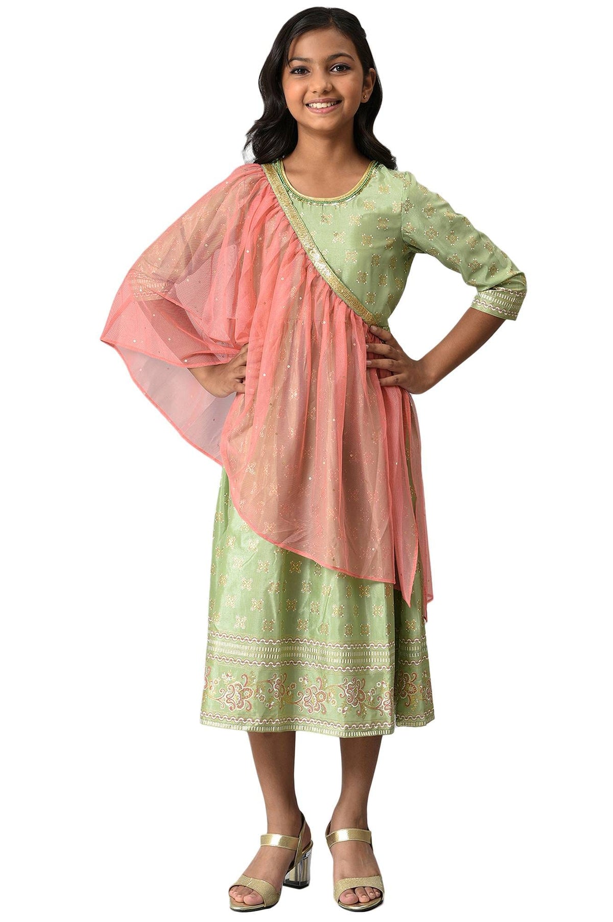 Aurelia Girls Polyester Dress & Dupatta (22AUG10272C-505979_Green