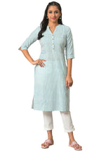 Aurelia Green Vertical Striped Cotton Regular Kurta