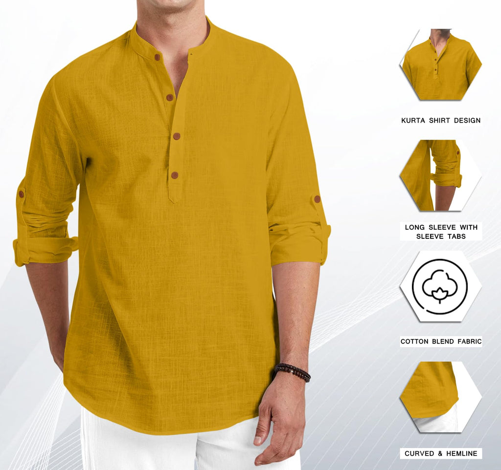 Royalscout Men Cotton Blend Full Sleeve Short Kurta Gold