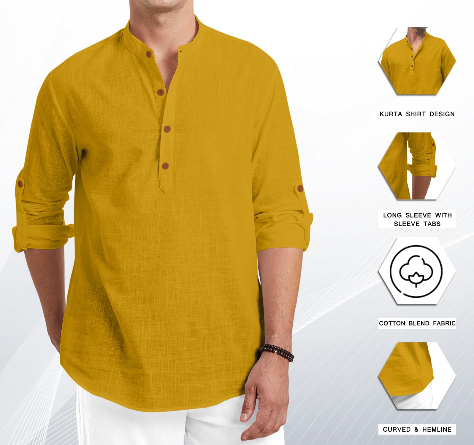 Royalscout Men Cotton Blend Full Sleeve Short Kurta Gold