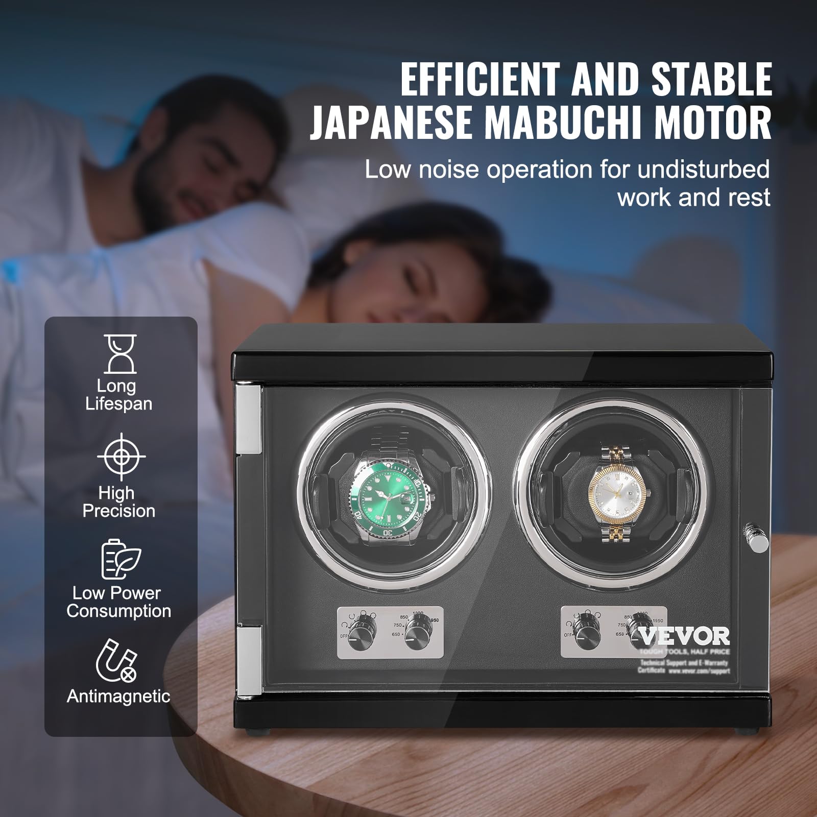 VEVOR Watch Winder, Rotating Watch Box for High-End Automatic Watches, 2 Watch Winder Case with Quiet Japanese Motors, LED Light