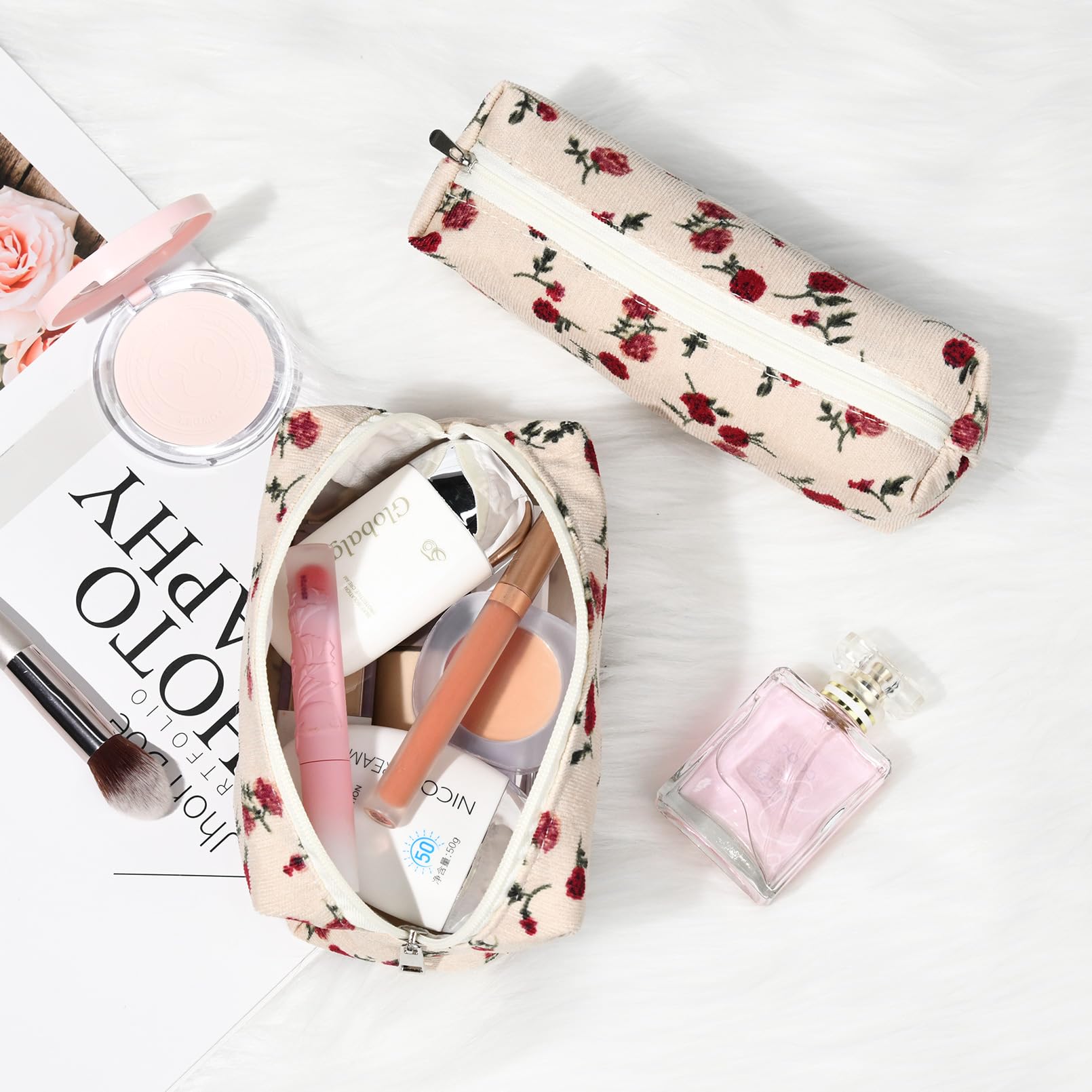SOIDRAM Makeup Bag Floral Cosmetic Bag Cute Makeup Pouch 1Pcs Large Capacity Makeup Bags and 1Pcs Makeup Brushes Storage Bag Tra