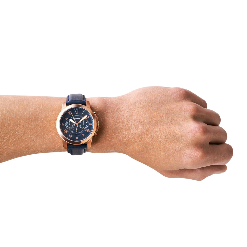 Fossil Men's Grant Quartz Stainless Steel and Leather Chronograph Watch, Color: Rose Gold, Navy (Model: FS4835)