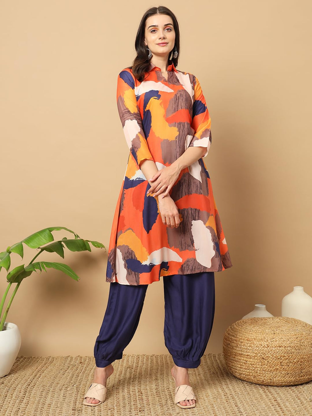 Gufrina Women'S Co-Ords Set - Orange And Navy Abstract Print Shirt Collar Kurti With 3/4 Sleeves And Harem Pants, Rayon Fabric