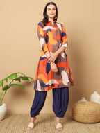 Gufrina Women'S Co-Ords Set - Orange And Navy Abstract Print Shirt Collar Kurti With 3/4 Sleeves And Harem Pants, Rayon Fabric