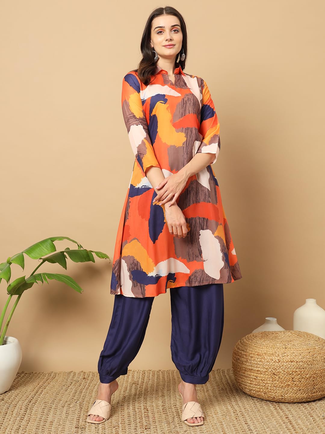 Gufrina Women'S Co-Ords Set - Orange And Navy Abstract Print Shirt Collar Kurti With 3/4 Sleeves And Harem Pants, Rayon Fabric