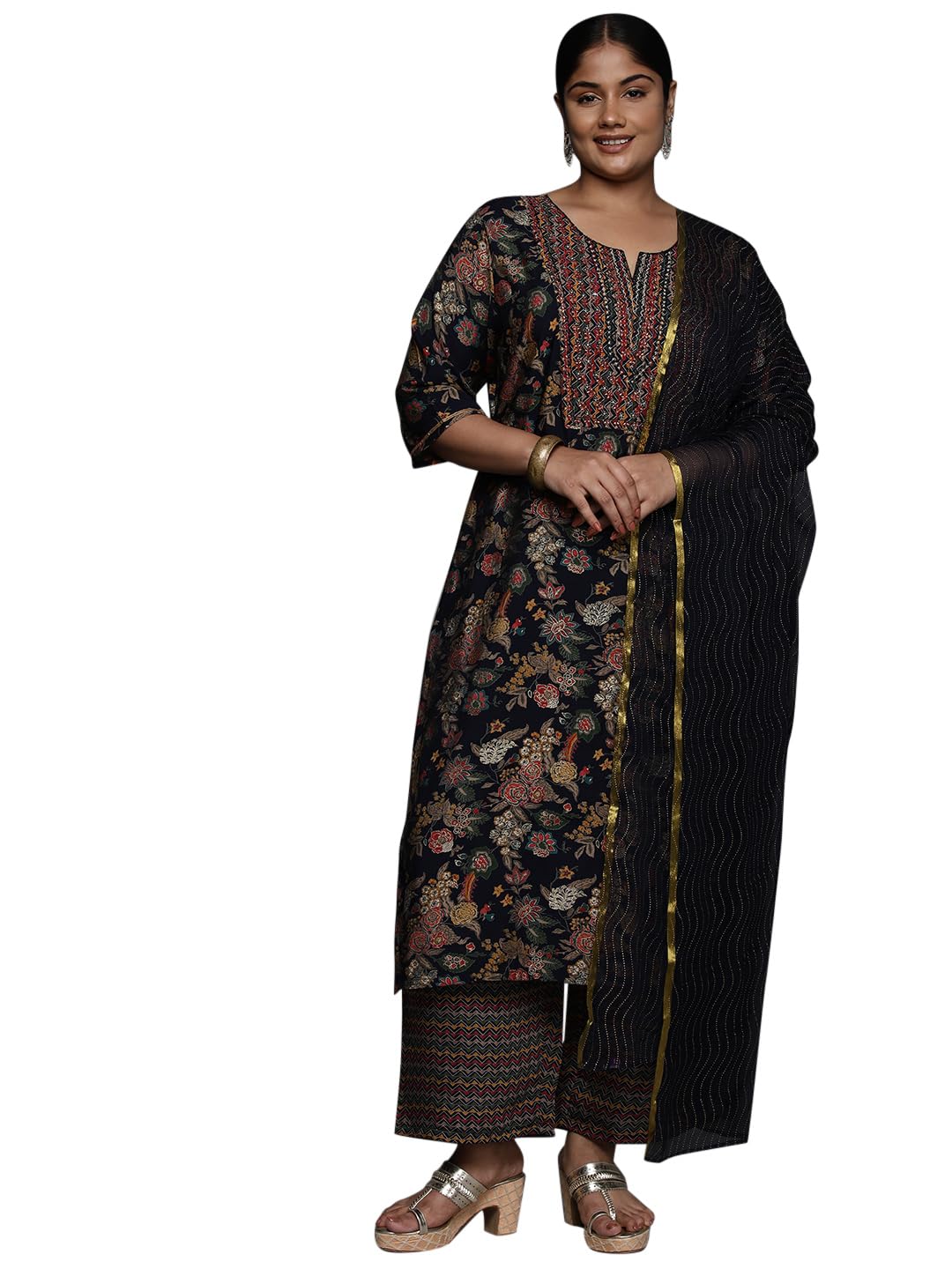 Libas Plus Size Womens Printed Silk Blend Straight Kurta With Trousers And Dupatta