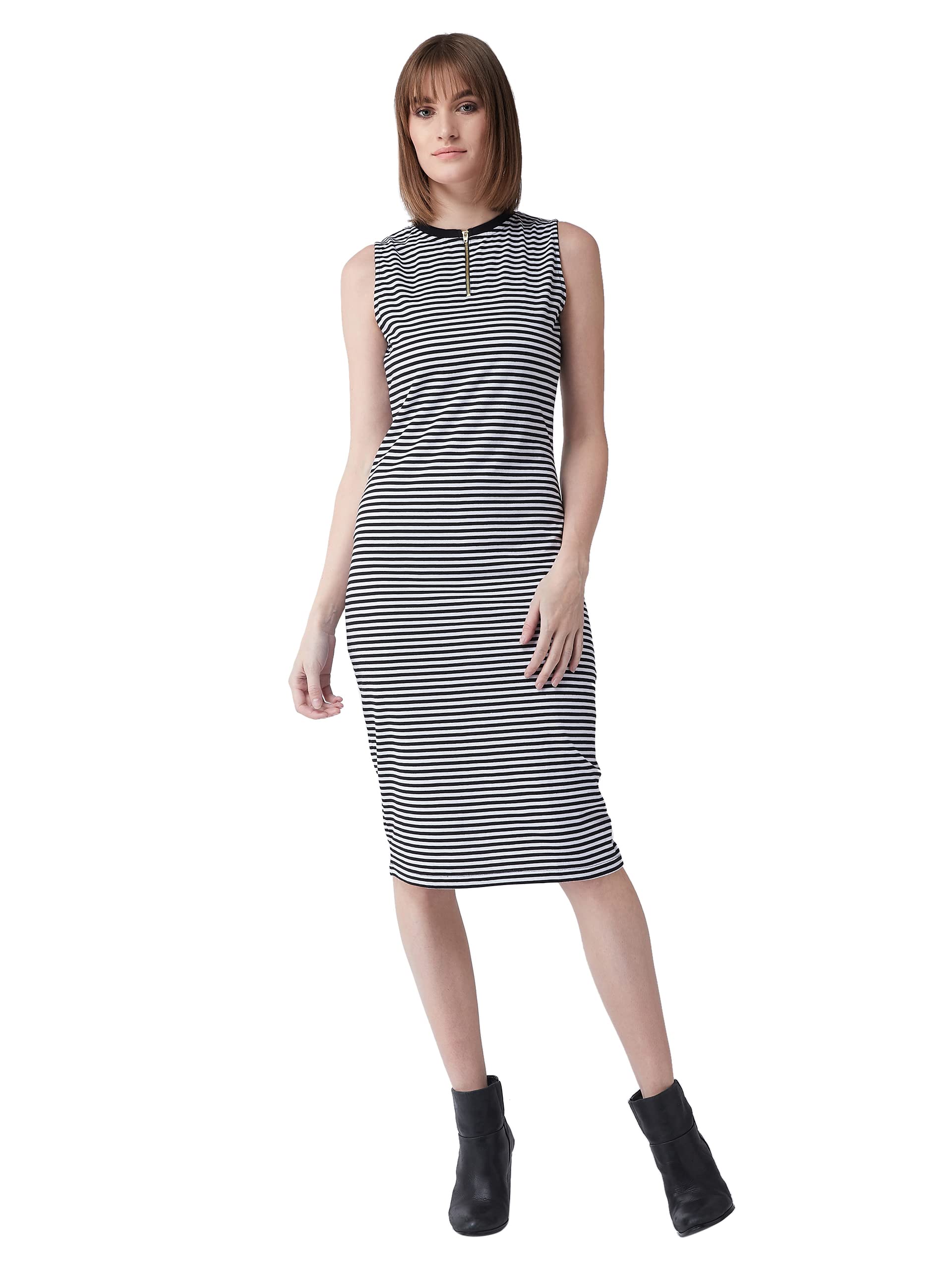 Miss Chase Womens Black and White Round Neck Sleeveless Striped Bodycon Dress (MCSS20D99-39-98-03, Black and White, S)