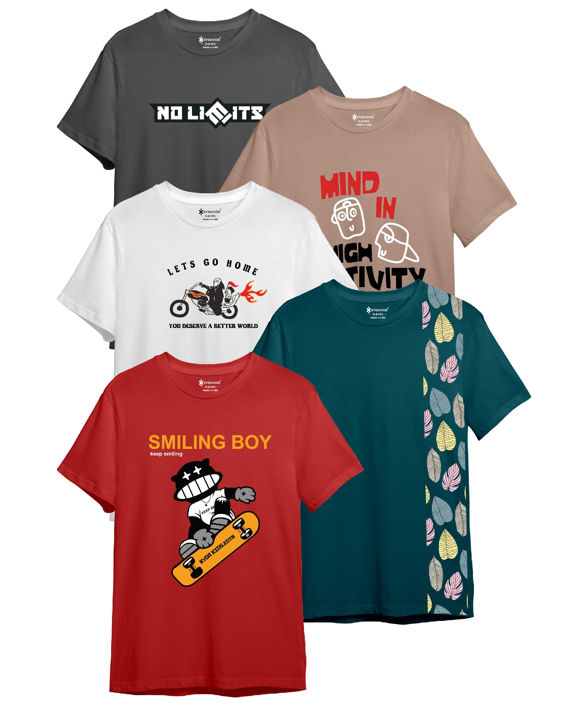 Kyda Kids Boys Cotton Blend Regular Fit Short Sleeve Printed Multicolor T-Shirts For Boys - (Pack Of 5)
