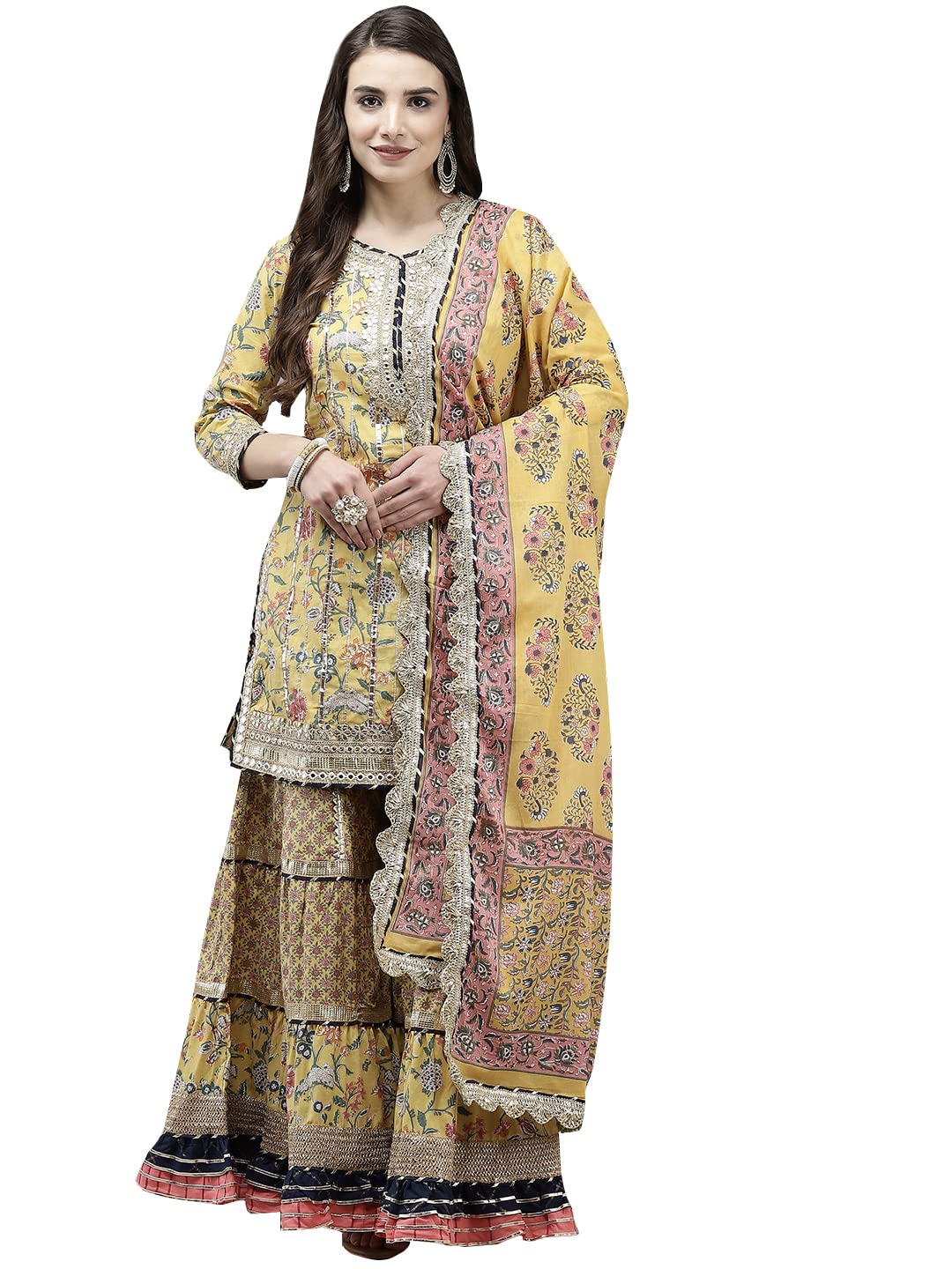 Ishin Women'S Cotton Blend Embroidered A-Line Kurta Suit Set With Dupatta & Sharara Kpldsic-21105_L_Yellow