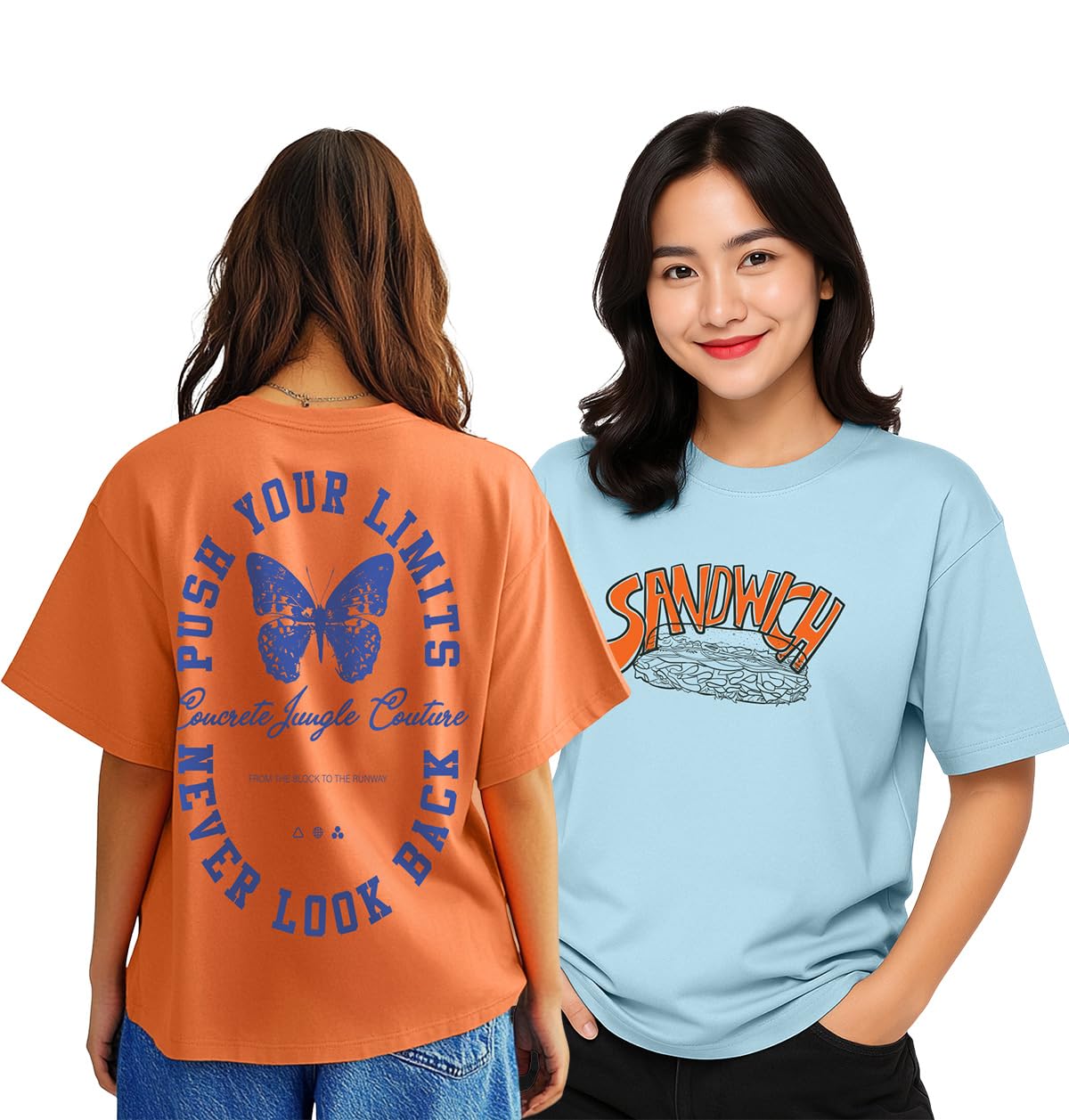 Juneberry Pack Of 2, 100% Pure Cotton, Round Neck, Oversized, Loose, Baggy Fit, Drop Shoulder, Graphic Printed, Half Sleeve T-Sh
