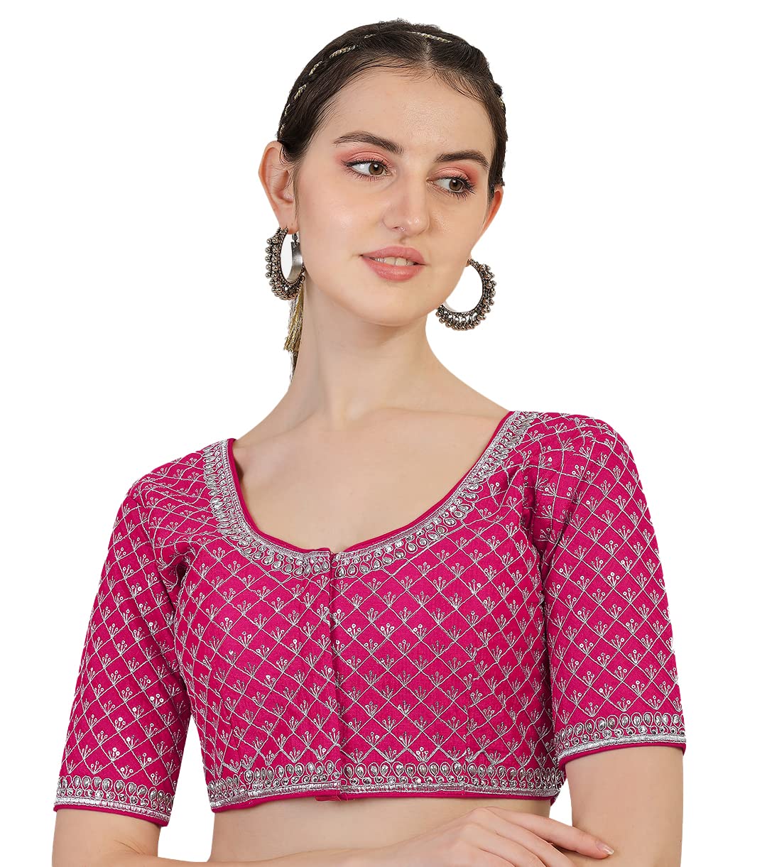 Pujia Mills Womens Heavy Silver Jari Thread Readymade Blouse for Saree Lehenga (Rani, 36)