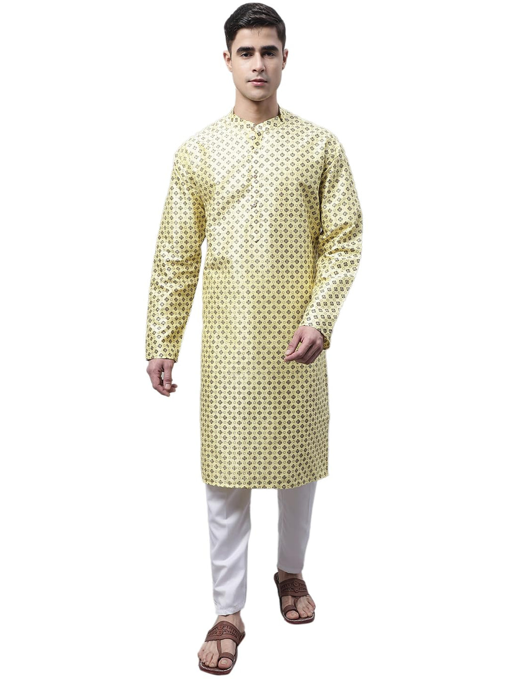 Jompers Mens Printed Silk Blend Kurta Pyjama Set