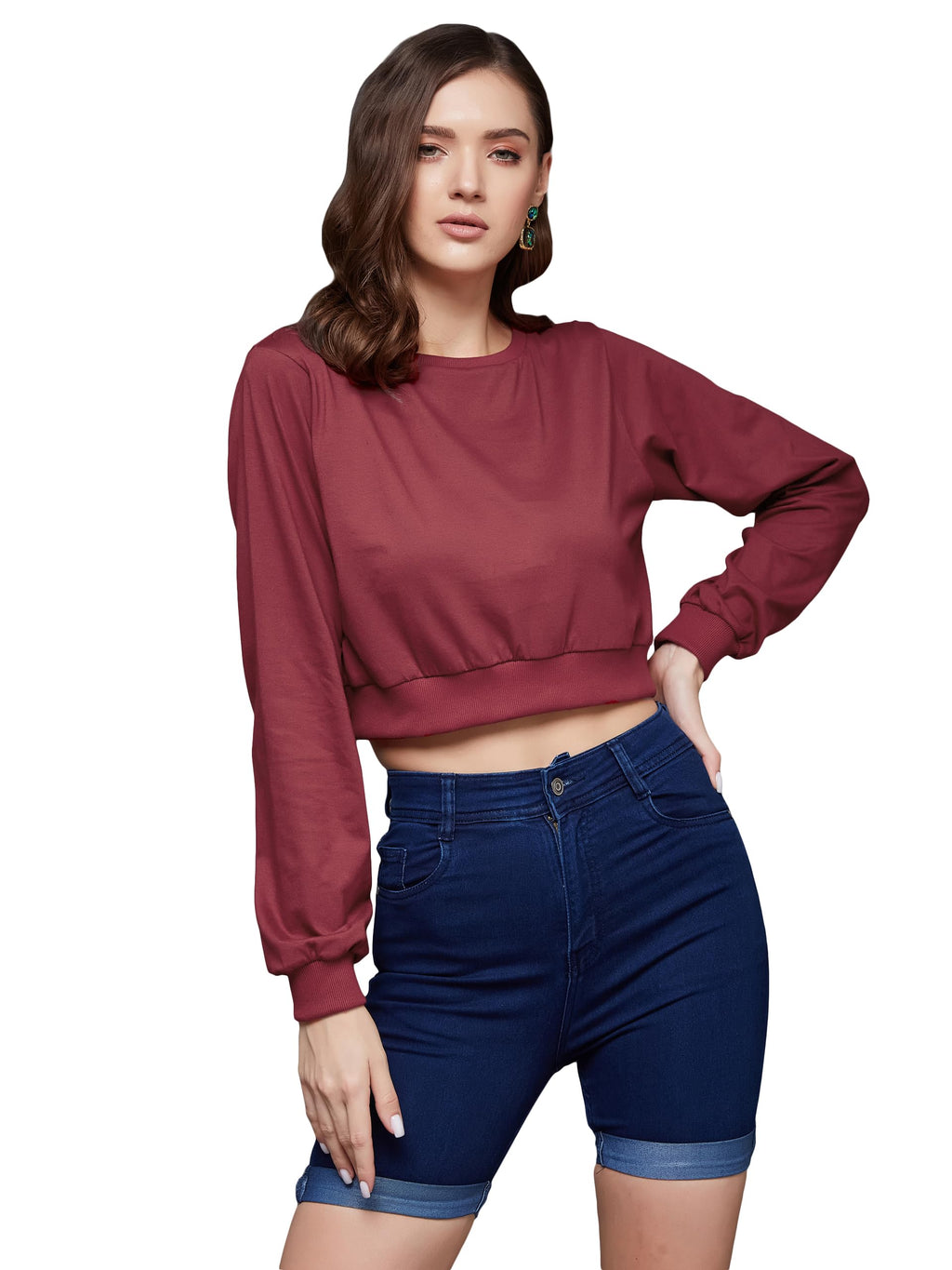 Miss Chase WomenS Round Neck Full Sleeves Oversized Boxy Crop Top (Mcaw23Tp99-54-143-05, Maroon, L)