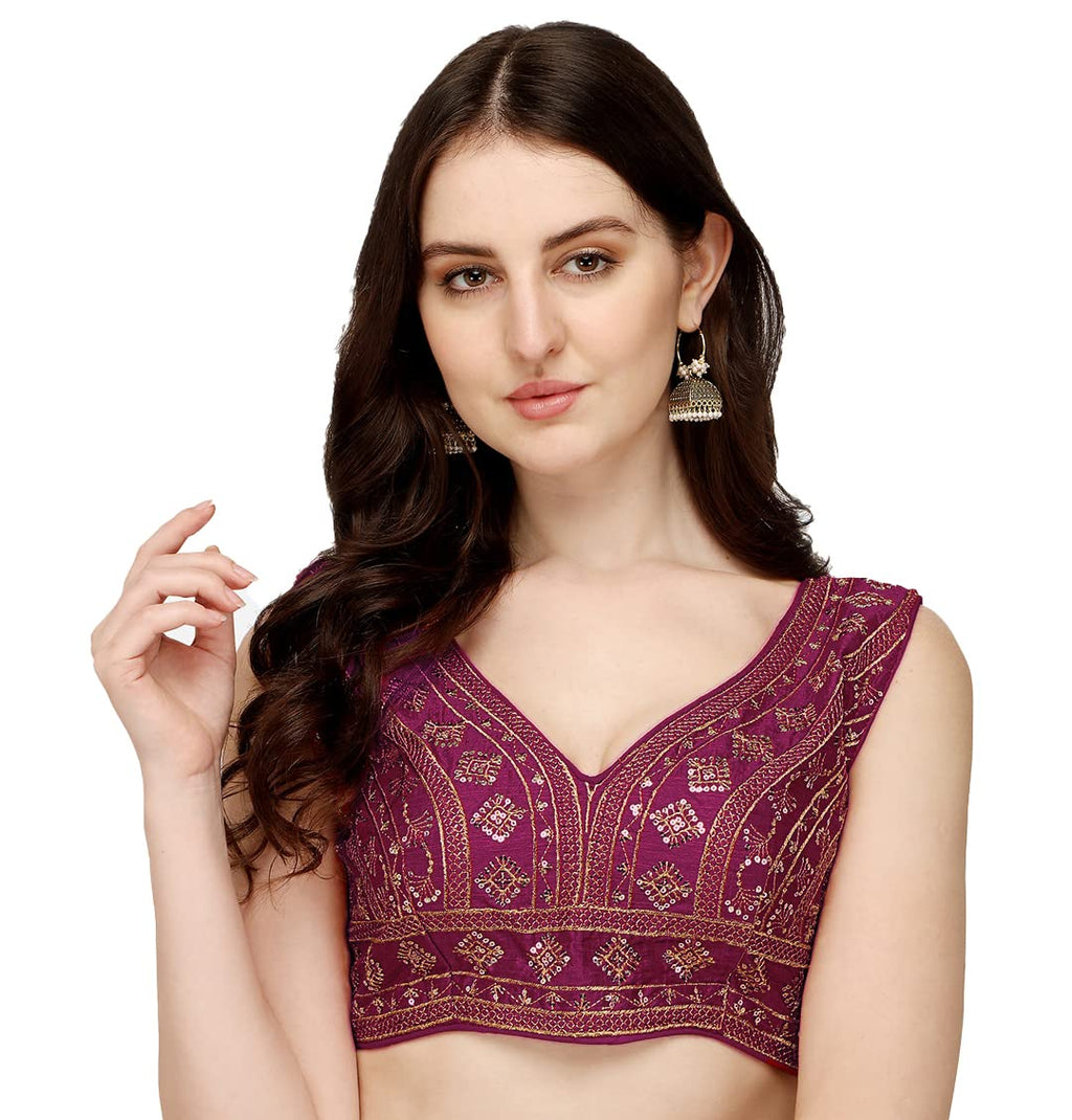 Vihu Fashion WomenS Silk Embroidery Sequins Zari Work Readymade Saree Blouse