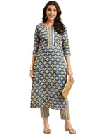ANNI DESIGNER Womens Cotton Blend Straight Printed Kurta with Pant Set (Tbh Blue-NWG_L_Blue_Large)