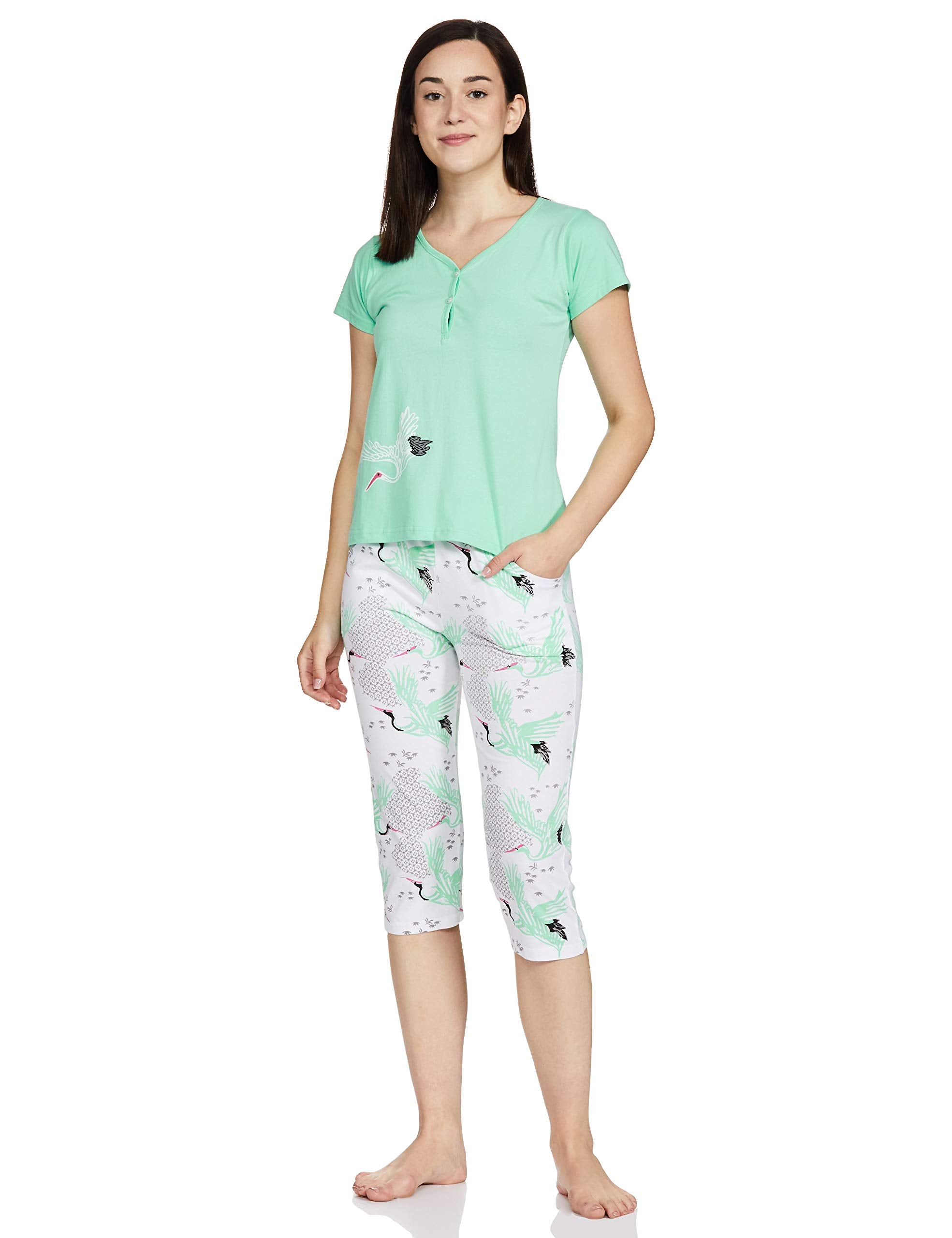 Clovia Womens Cotton Printed Top & Capri Set (LS0411P11_Multi-Coloured_XL)