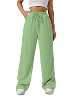 Sugathari Womens Pista Green Loose Wide-Leg Pants with Textured Wrinkled Fabric and Drawstring Waist Long Trousers (Trouser 157