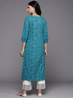 Blue Bandhani Print Embroidered Kurta Has Round Neck And Three Quarter Sleeves, Straight Kurta With Side Sits