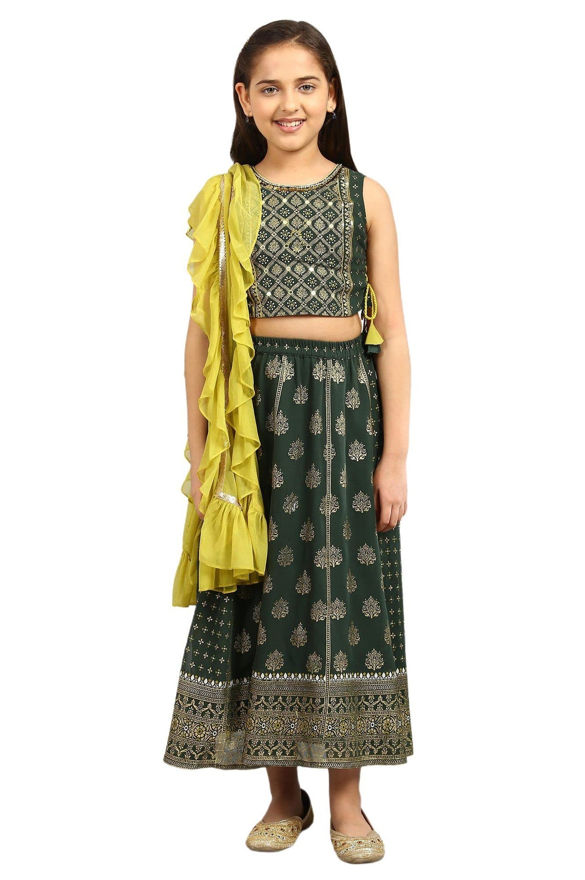 Green Top-Skirt-Dupatta Girls Set