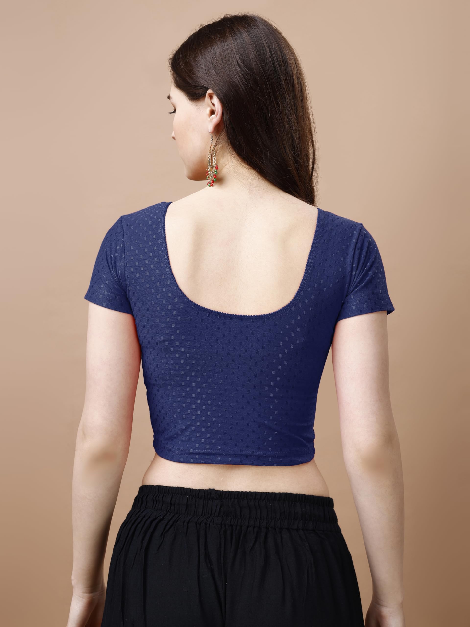 Pujia Mills WomenS Readymade Dobby Cotton Lycra Stretchable Round Neck Short Sleeve Blouse Fancy Navy Blue Color Lycra Stretcha