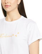 Bewakoof Women Minimal Believe Boyfriend White Half Sleeve Round Neck Printed T-Shirt