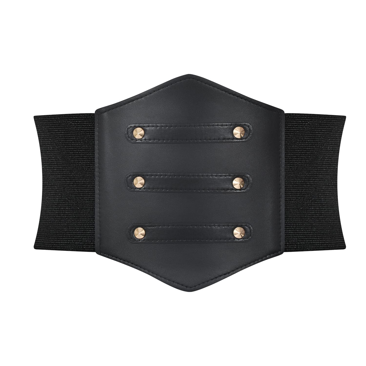 LEACOOLKEY Women Black Corset Waist Belt, Gold Rivet Corset Elastic Belt, Obi Belt for Women for Dress, Halloween Accessories
