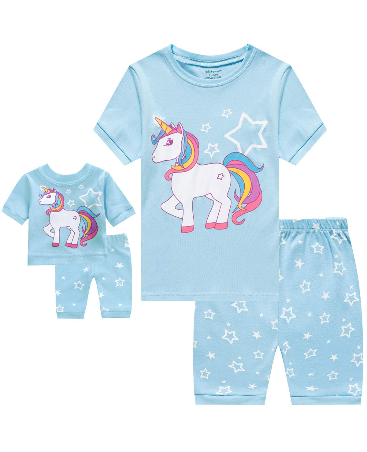 Babyroom Girls Matching Doll&Toddler 4 Piece Cotton Pajamas Toddler Unicorn Sleepwear Size 4 Blue 4