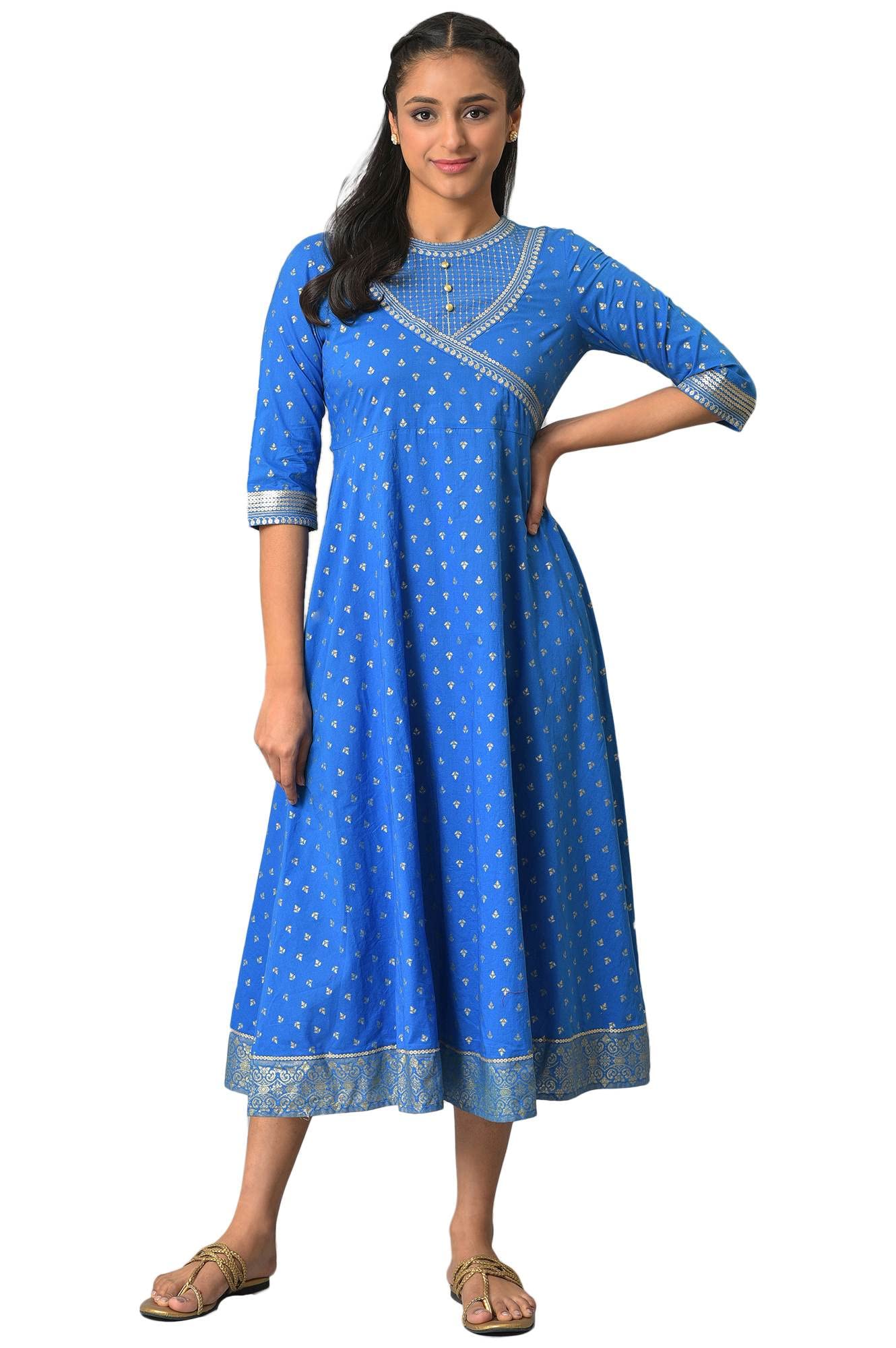 Aurelia WomenS Cotton Fit And Flare Midi Dress (23Fea13924-506224_Blue