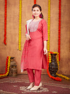 Aarika Girls Ethnic Wear Gajri Colour Sequin Thread Embroidery With Gota Work Silk Kurti Pant Set (8-16 Years)