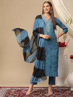 ANNI DESIGNER Ladies Cotton Blend Kurta Trousers with Dupatta Set, Light Brown::Blue, L