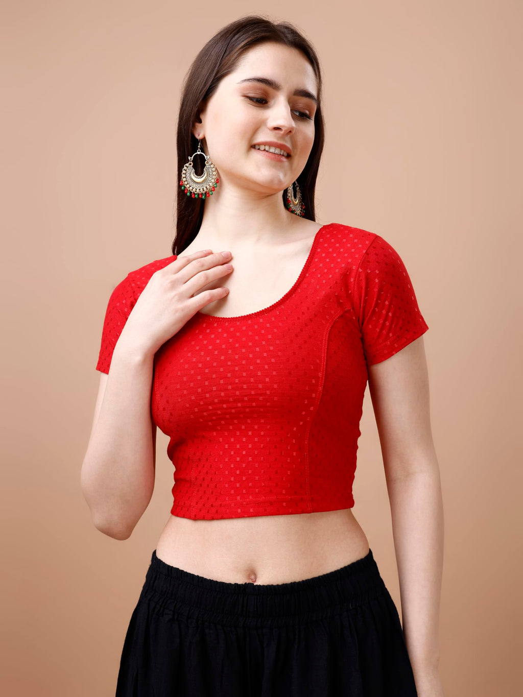 Pujia Mills WomenS Readymade Dobby Cotton Lycra Stretchable Round Neck Short Sleeve Blouse Fancy Red Color Lycra Stretchable Bl