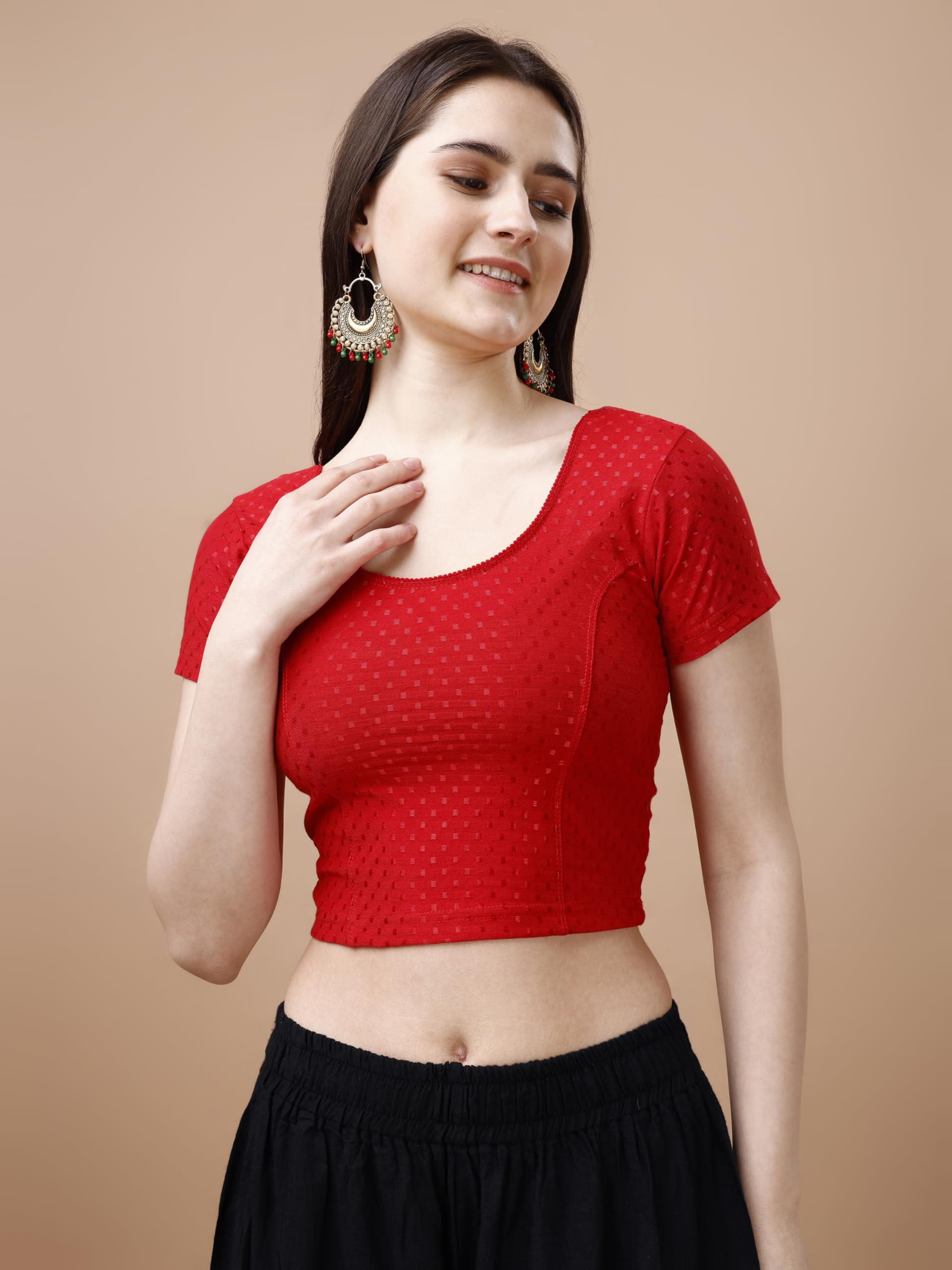 Pujia Mills WomenS Readymade Dobby Cotton Lycra Stretchable Round Neck Short Sleeve Blouse Fancy Red Color Lycra Stretchable Bl