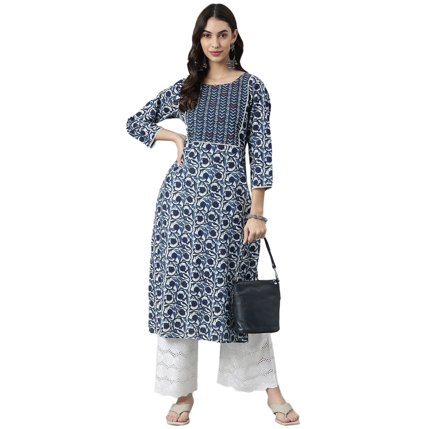 Stylum Women Indigo Floral Printed Cotton Straight Kurta (INDIGOBIRD52_Navy Blue, 6XL)