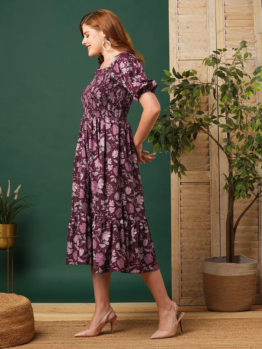 Kuduzo WomenS Crepe Maxi Dress With Half Sleeves Square Neck Line Floral Printed Pattern Maxi Length Regular Fit And Flare Purp