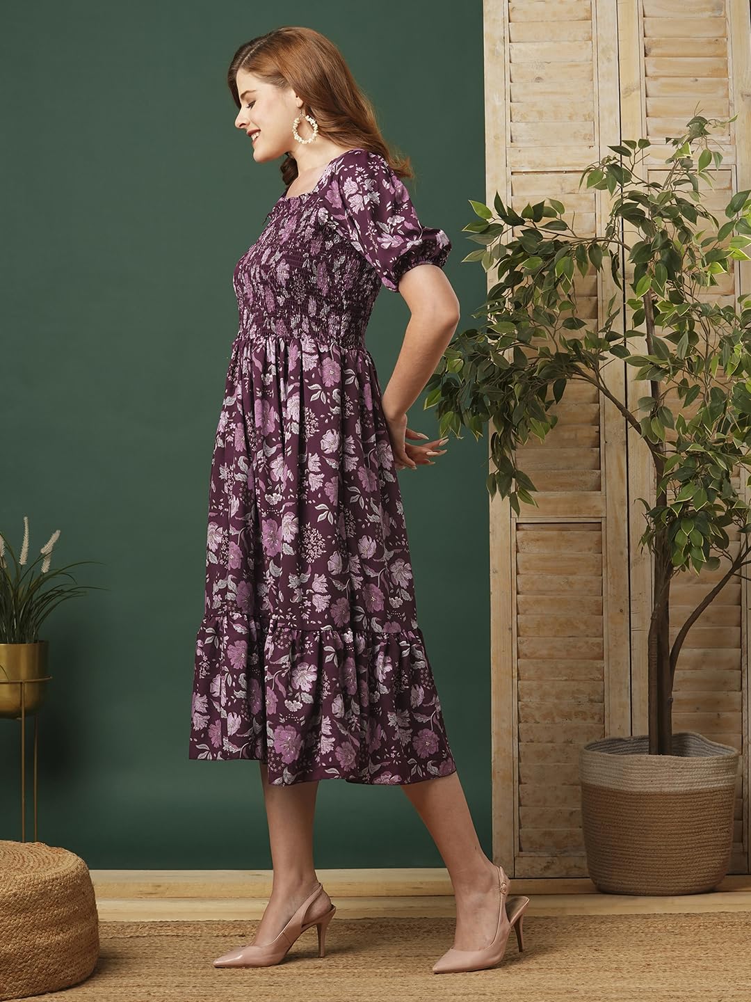 Kuduzo WomenS Crepe Maxi Dress With Half Sleeves Square Neck Line Floral Printed Pattern Maxi Length Regular Fit And Flare Purp