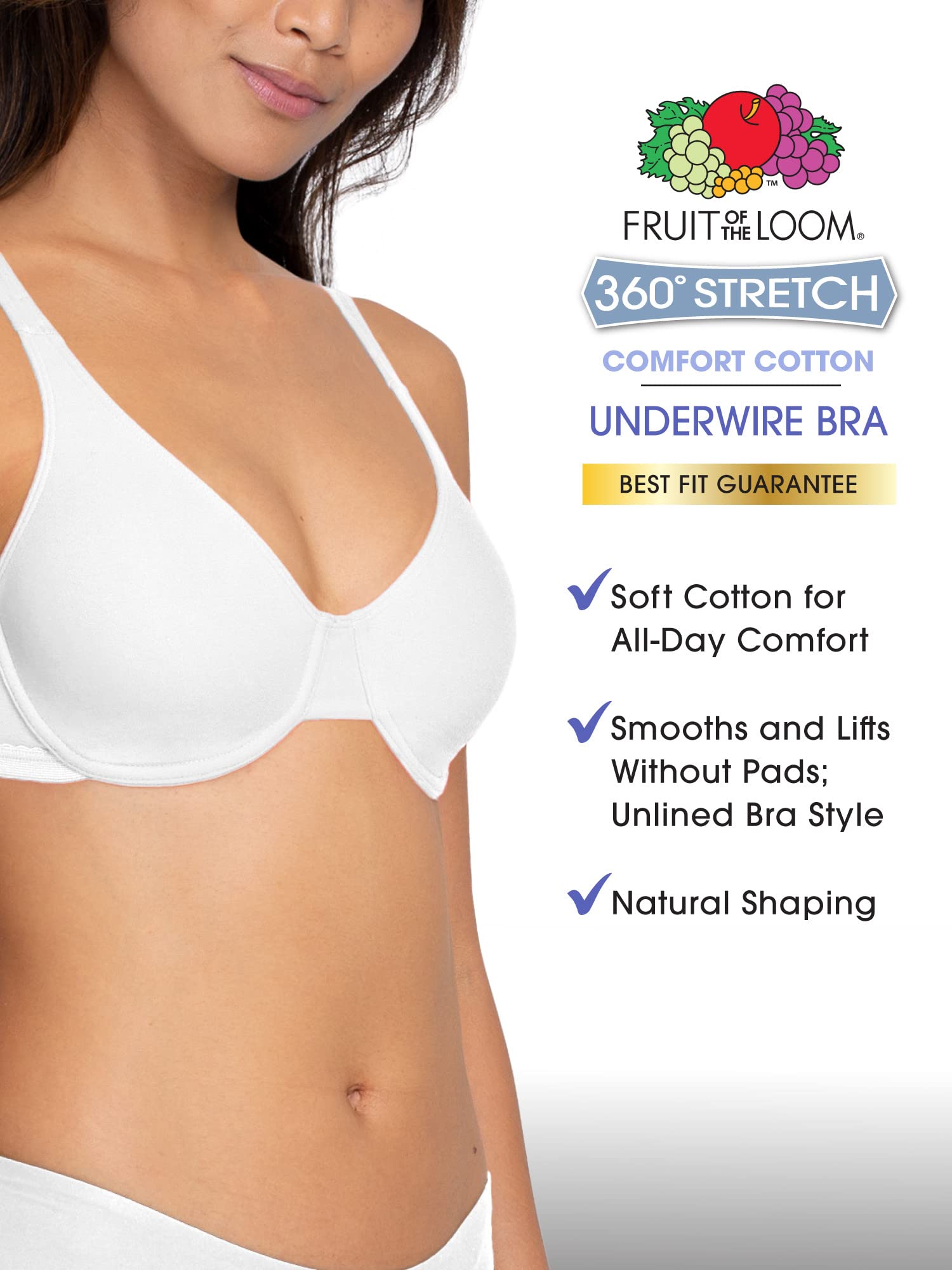 Fruit of the Loom Womens Cotton Stretch Extreme Comfort Full Coverage Bra, Desert Dusk/Grey/Lilac Whisper, 40DD US