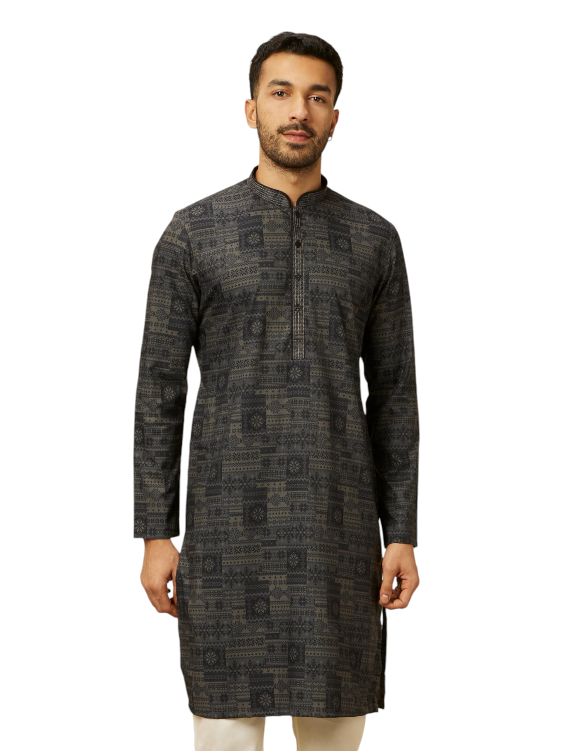 Manyavar MenS Dark Grey Aztec Printed Kurta (Xxl)