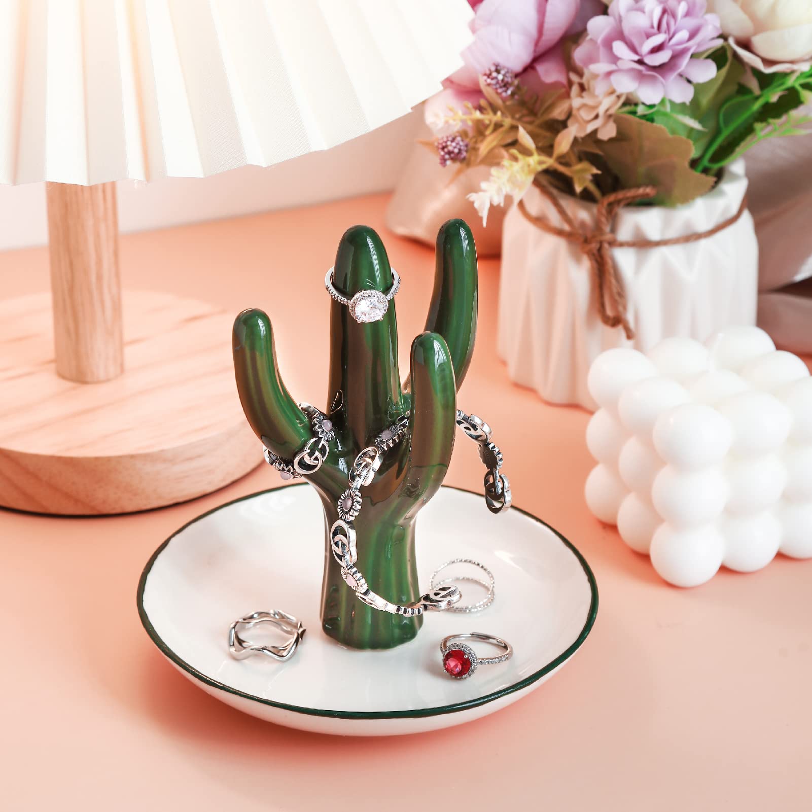 PUDDING CABIN Cactus Ring Holder for Jewelry Green Aesthetic Decor, Cactus Gifts for Women Mom Her Girls Friends Sister Birthday