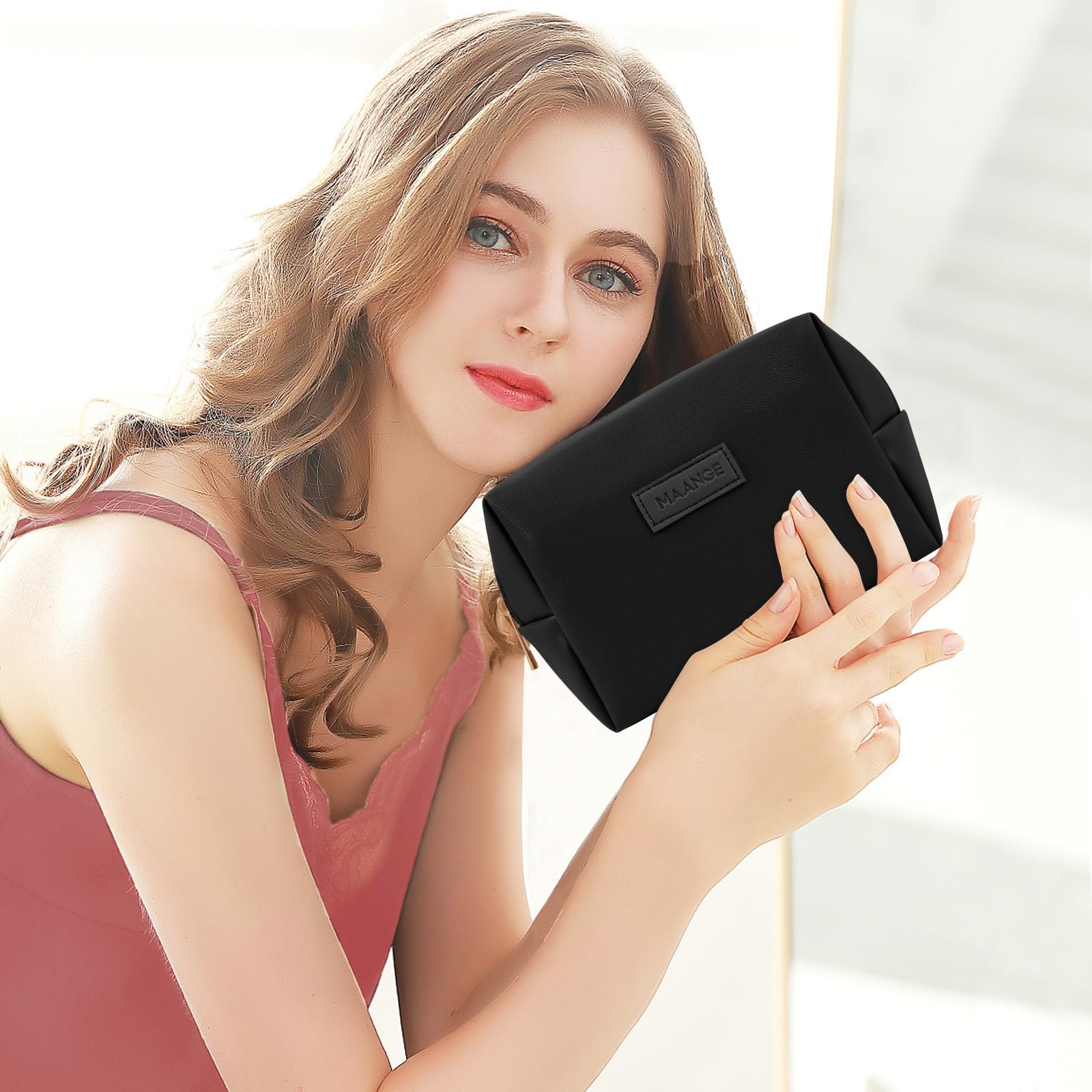 MAANGE Small Makeup Bag For Purse, Travel Cosmetic Bag Makeup Pouch PU Leather Portable Versatile Zipper Pouch For Women