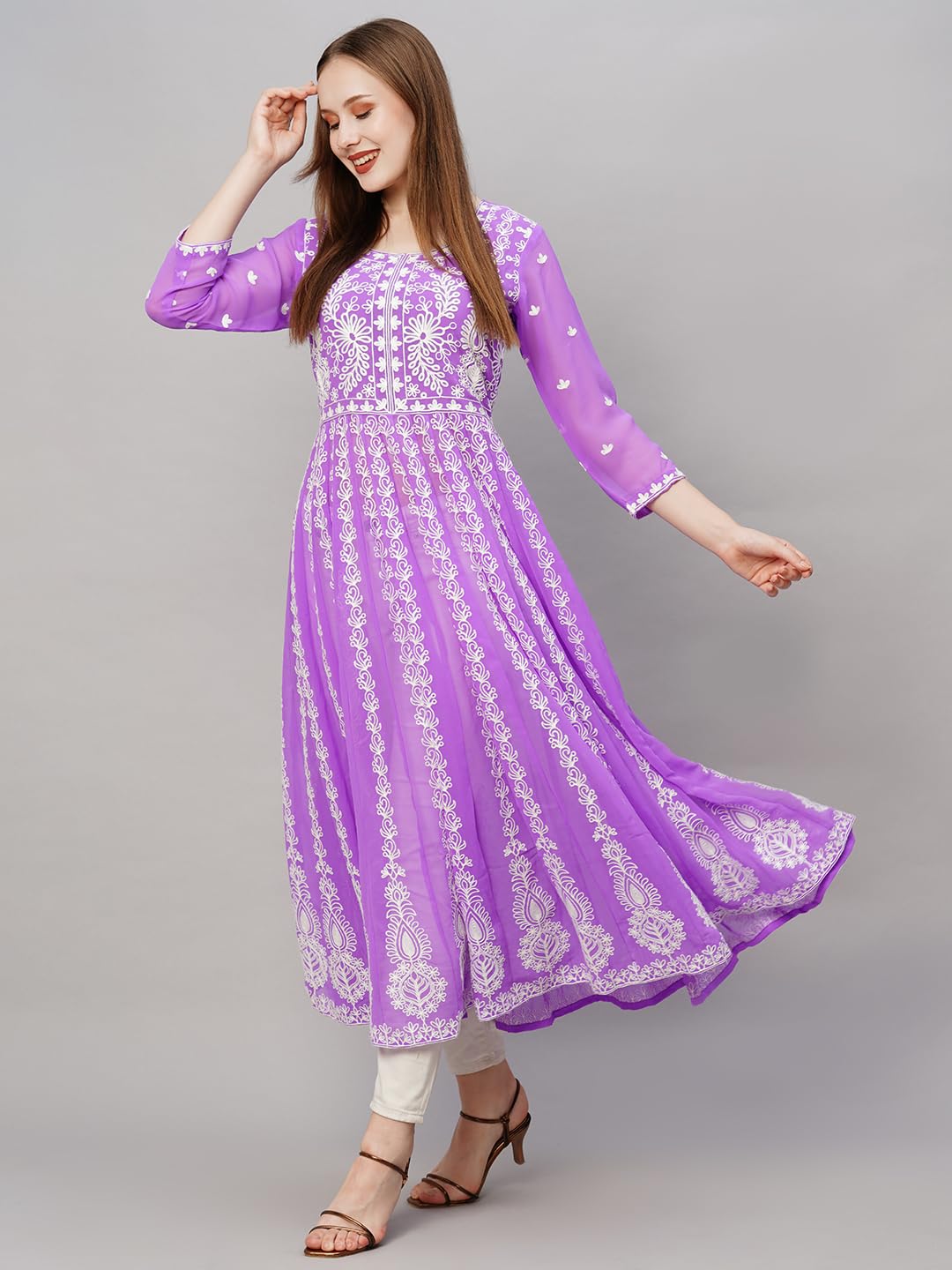 ANNI DESIGNER Womens Georgette Chikankari Embroidered Anarkali Kurti (Kari Purple-GRT_S_Purple_Small)
