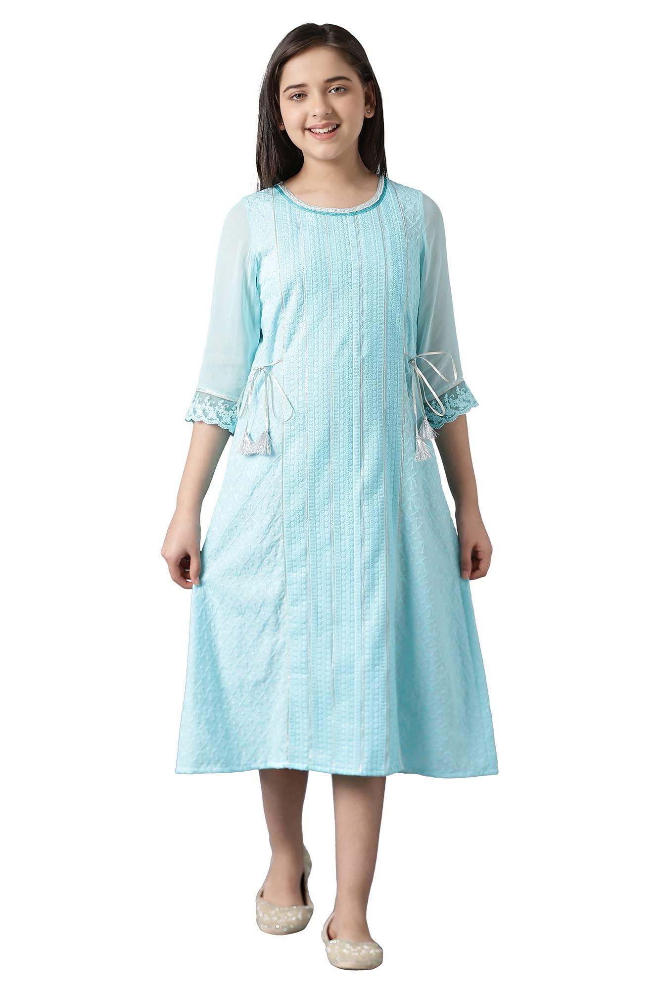 Aurelia Cotton Blend Girls Blue Sequinned Schiffli Dress Knee