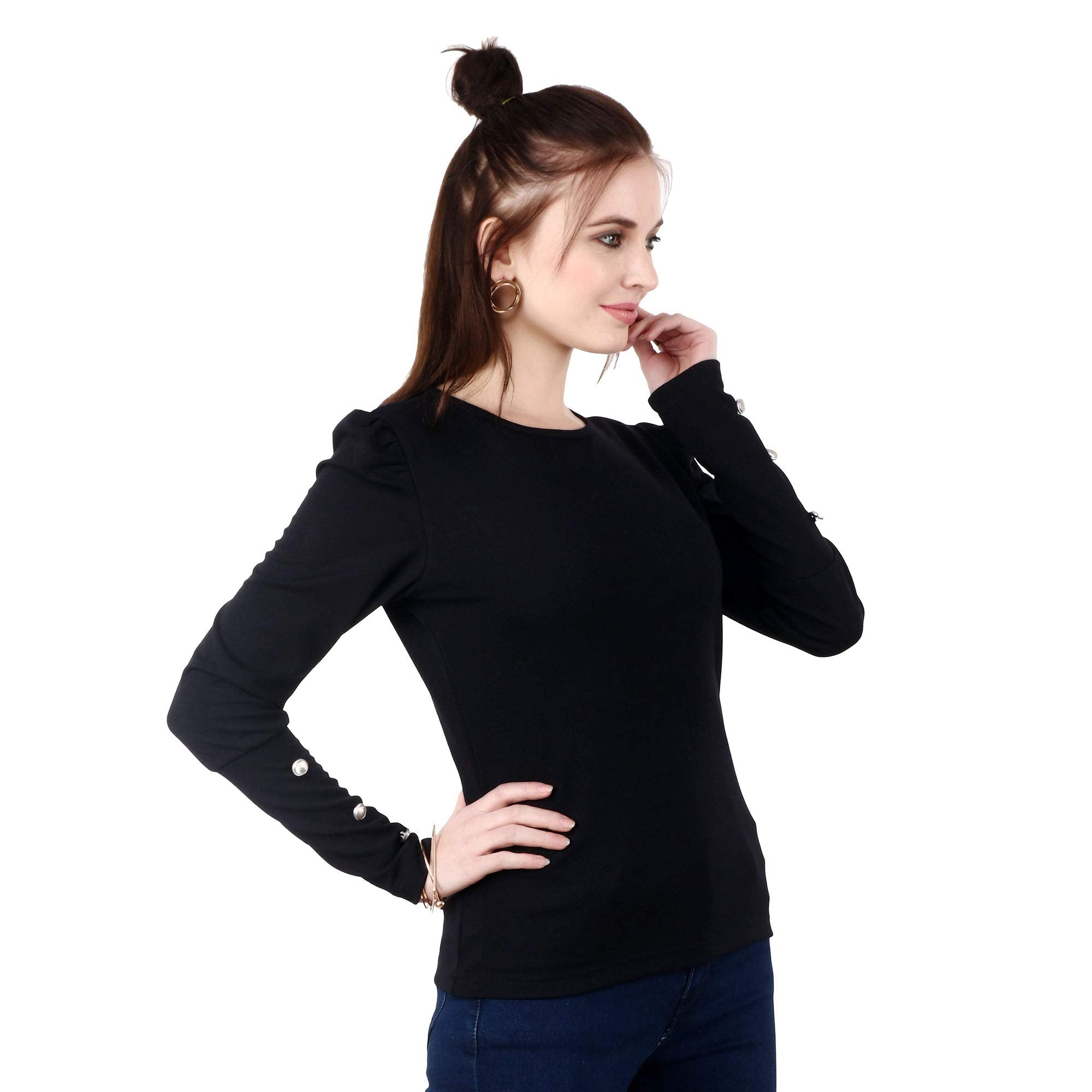 POPWINGS Casual Solid Puff Button Long Sleeves Slim Fit Tops for Women || Summer Round Neck and Stylish Western Black Top for Wo