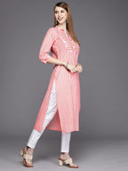 Varanga Peach Printed Straight Kurta With Hand Work Detailinmg