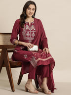 Ziyaa Women'S Art Silk Maroon Color Chinon Straight Foil Printed Kurta, Pant And Dupatta Set