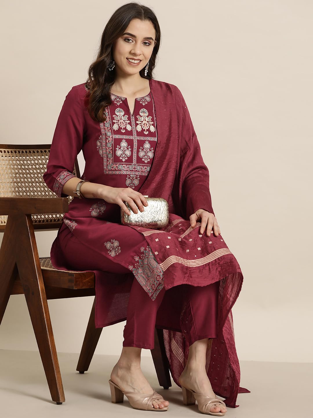 Ziyaa Women'S Art Silk Maroon Color Chinon Straight Foil Printed Kurta, Pant And Dupatta Set