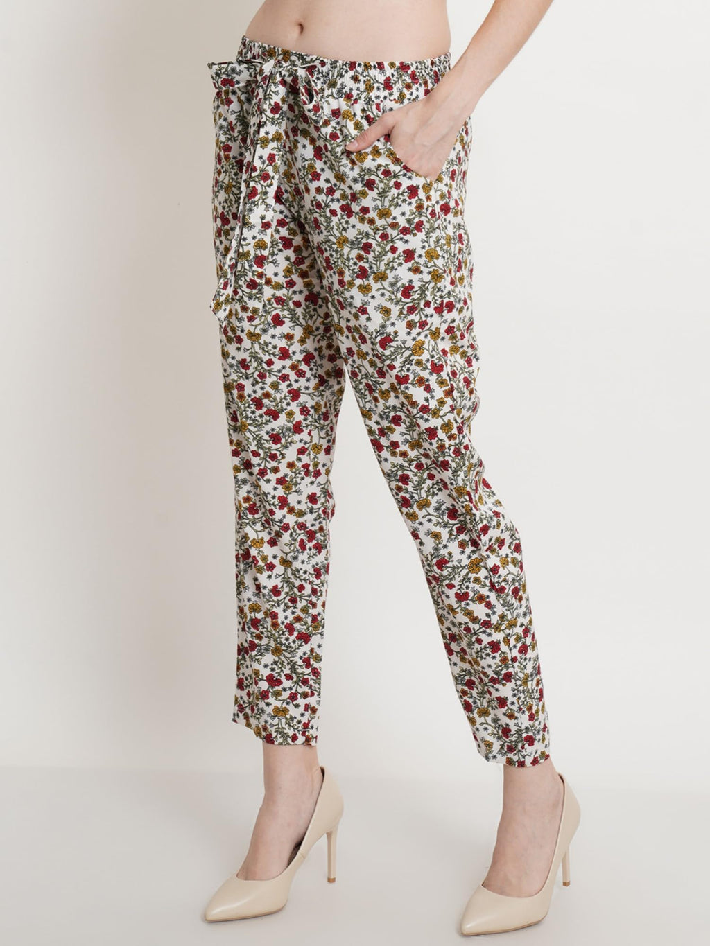 POPWINGS Women Casual White Floral Relaxed Fit Winted Trouser Trousers for Women | Stylish Trousers for Women Trousers for Women