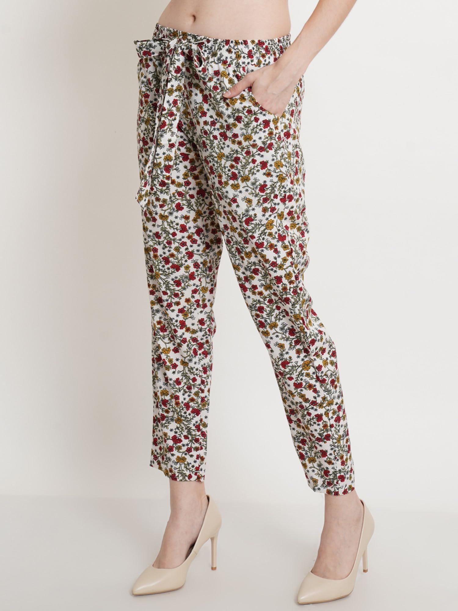 POPWINGS Women Casual White Floral Relaxed Fit Winted Trouser Trousers for Women | Stylish Trousers for Women Trousers for Women