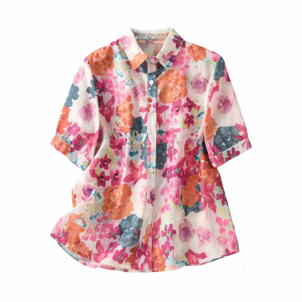 Gufrina Women Pink Multicolor Floral Print Button-Down Shirt With Elbow Sleeves And Collar Neck In Soft Breathable Fabric Ideal 